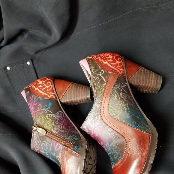 SOCOFY Flowers Leather Stitching Zipper Pumps - Picture 4 of 8
